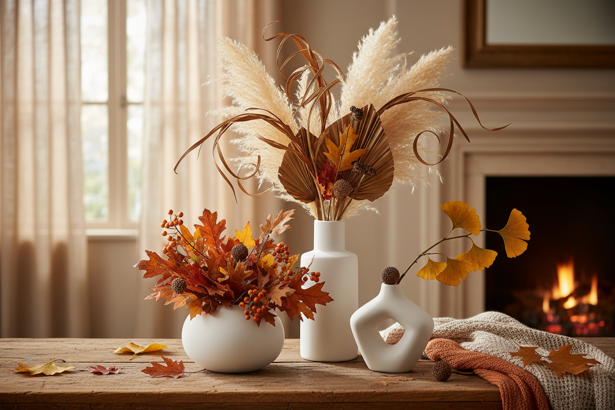 White ceramic vases in autumn setting
